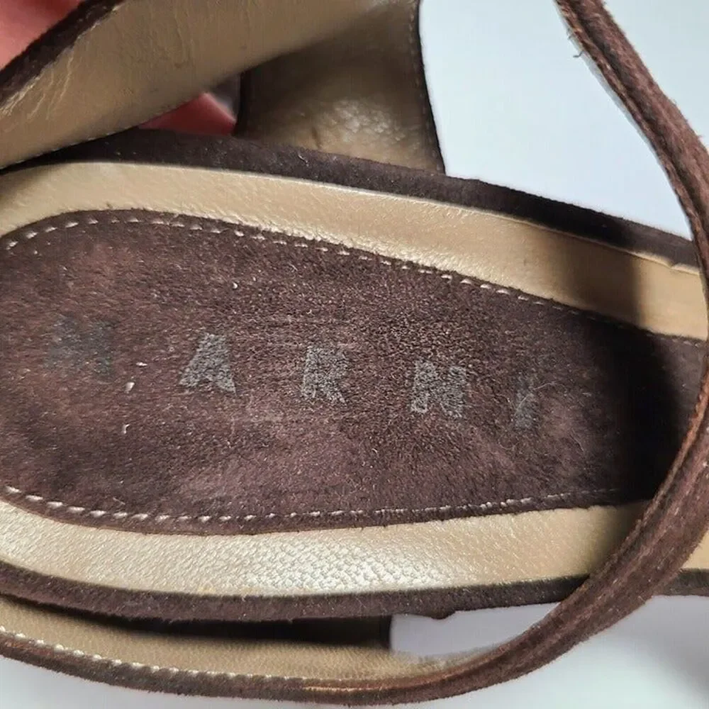 MARNI sandals brown suede leather ankle strap chunky heels peep toe 6.5 7 37.5